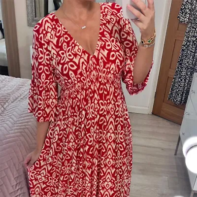 Womens Maxi Dresses Summer Plus Size V Neck Floral Seaside Casual Loose Dress • £9.88