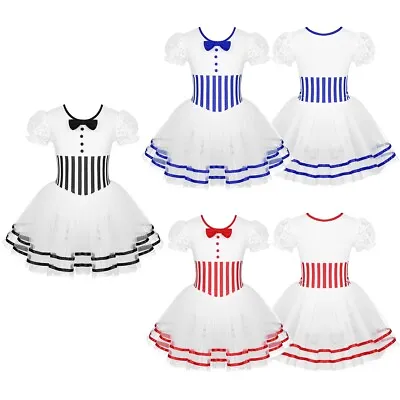 UK Kids Girls Christmas Dance Costume Striped Printed Ice Skating Leotard Dress • £15.86