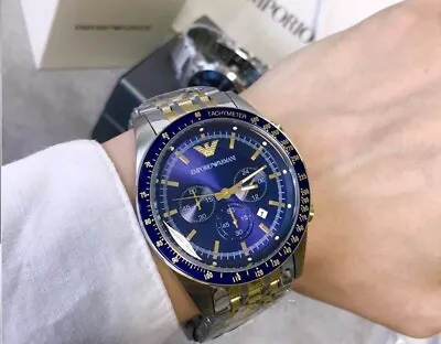 £87.80 • Buy New Genuine Emporio Armani Ar8030 Tazio Blue Dial Yellow Silver Tone Mens Watch