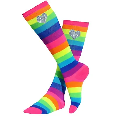 Bubblegum Divas Girls Rainbow Knee High Socks Silver Hearts Kids Long Stockings  • $14.95