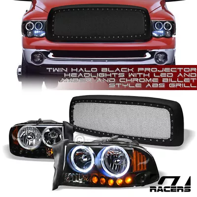 For 2002-2005 Ram Black Halo LED Projector Headlights Am+Matte Rivet Mesh Grille • $260