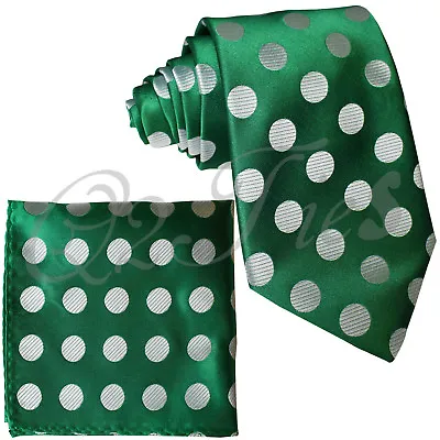 GREEN / WHITE BIG Polka Dots Neck Tie & Pocket Square Hanky Christmas Prom Party • $12.90