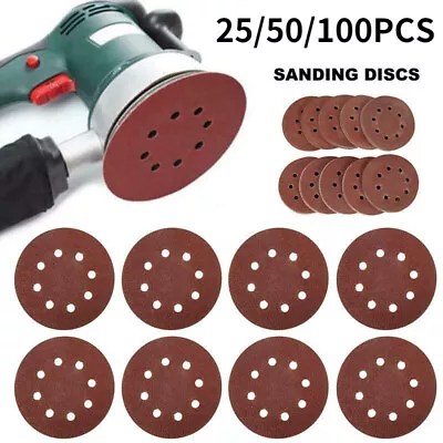 25/50 5 Inch 125mm Round Sander Sandpaper 8 Hole Hook And Loop Disk Sand Sheets • £6.99