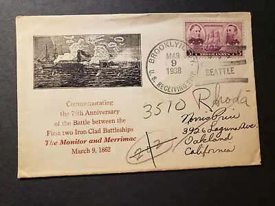USS SEATTLE Naval Cover 1938 MONITOR Vs MERRIMAC Civil War Cachet • $19.99