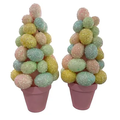 Vintage Easter Frosted Eggs Tree Set In Pink Pots 14”Home Decor Pastel Colorful • $29.95