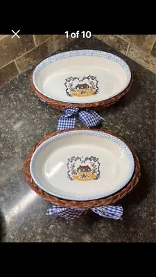 Vintage 1995 Set Of 2 Teamson Stoneware Casserole Dishes With Wicker Baskets • $26.74