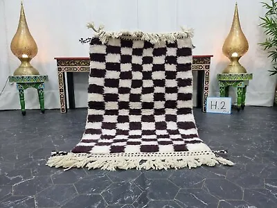 Moroccan Handmade Beni Ourain Rug 2'6 X4' Berber Checked White Dark Maroon Rug  • $283.20