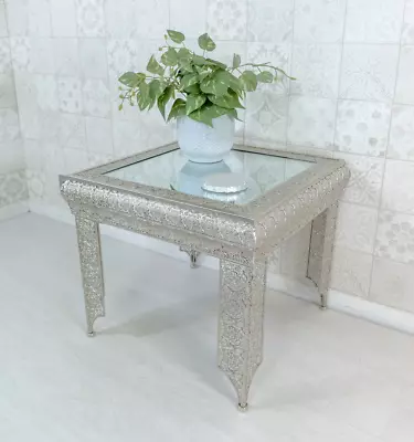 £95 • Buy Silver Side Table Embossed Moroccan Style Metal Glass (GZ422)