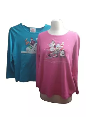 Quacker Factory Christmas Shirt  Embroidered Snowmen Holiday Pink Blue M Top Set • $24.90