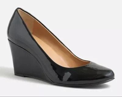 J. CREW Womans 7 Shoes BLACK Patent Leather Martina Wedge Italy • $50
