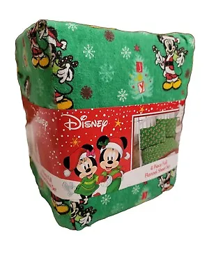 Disney Mickey Mouse Santa Christmas Sheets Cotton Flannel Full Sheet Set GREEN • $79.99