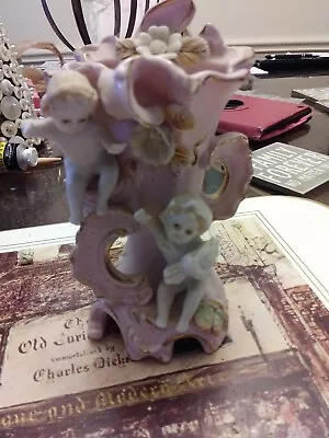 $53.39 • Buy Vintage Ucagco Porcelain Cherubs Floral Embellished Pink Vase 1950s