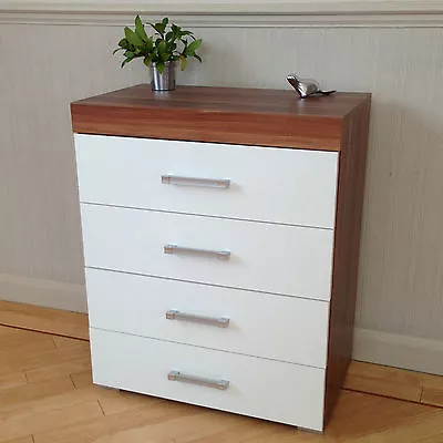 Chest Of 4 Drawers In White & Walnut Bedroom Furniture Modern * BRAND NEW* • £67.95