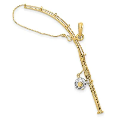 3D Moveable Fishing Pole Reel Charm In Real 14k Yellow Two Tone Gold • $358.99