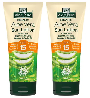 2 Packs Of Aloe Pura Organic Aloe Vera SPF 15 Sun Protection Lotion 200ml • £19.80