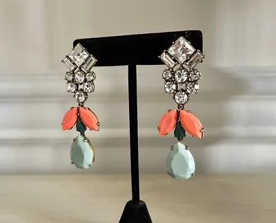 J Crew Crystal Drop Stone Neon Coral Green Teal Clear Multicolor Gold Earrings • $37.59