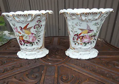 PAIR Antique French Vieux Paris Porcelain Birds Floral Vases • $490