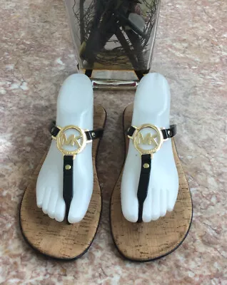Michael Kors Black Jelly MK Gold Logo Cork Thong Flip Flop Sandals Size 10M EUC • $42.49