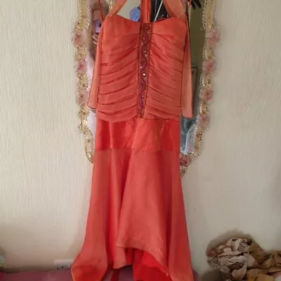 Vintage 90s Orange Pleated Beaded Sequin Halter Dress Corset Prom Wedding • $56.85
