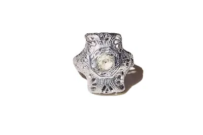 VINTAGE JEWELRY 1920s Art Deco Daisy B. White Rhinestone Silver Cocktail Ring 7 • $205