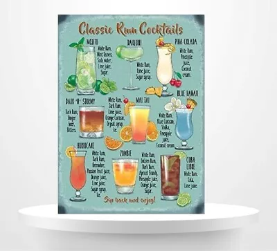 Classic Cocktail Menu Rum Recipe Metal Wall Sign Plaque Home Man Cave Wine Bar • £4.99