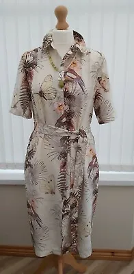 Warehouse Tropical Floral Butterfly Belt Shirt Dress 10 Cream Bird Multi Print • £8.99