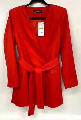 Zara Long Jacket Blazer Womens L Red Belted 952 • £37