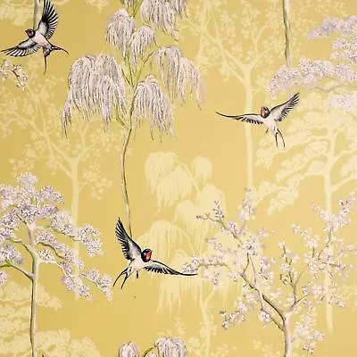 Arthouse Japanese Garden Wallpaper Oriental Wisteria Trees Birds Ochre 908002 • £13.95