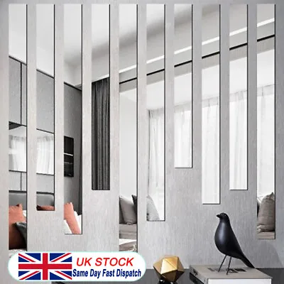 10Pcs Long Strip Mirror Acrylic Wall Stickers Self-adhesive Tile Rectangle Decal • £10.44