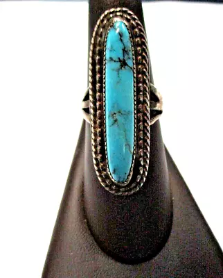 Vintage Native American Blue Turquoise Sterling Silver Long Ring Size 7.5 • $47