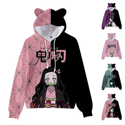 Demon Slayer Print Hoodies Pullover Sweatshirt Cat Ear Hooded Jumper Tops Unisex • £13.67