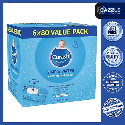 Curash Simply Water Baby Wipes Pack Of 480 (6 X 80 Pack) • $61.94
