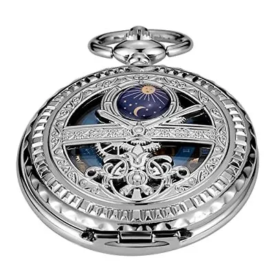 Mechanical Skeleton Mechanical Pocket Watch With Chain For Men Silver • $55.99