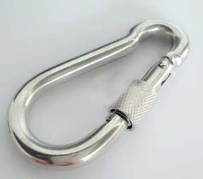 4mm Stainless Steel Locking Carbine / Carabiner Snap Hook Marine Grade 316 • £2.99