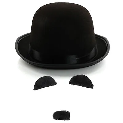 Silent Movie Costume Set Classic Bowler Hat Moustache Mens 1920s Fancy Dress • £8.99