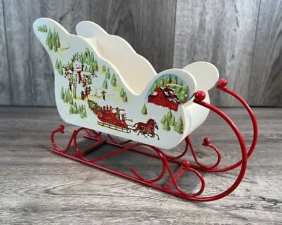 Christmas Holiday Decor Vintage Wooden Sleigh Small Painted Red Metal Skis 10” • $19.95