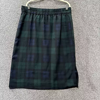 J Crew Midi Length Pencil Skirt Women XL Black Watch Plaid Pull On Comfort Slit • $20.73