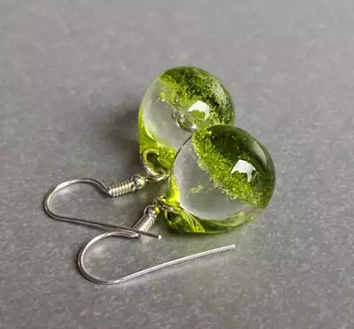 Earrings Dangle Drops Glossy Green Glass Great Gift Handmade • £28.49