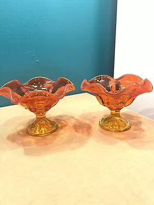 Vintage Viking Glass Epic Swirl Candle Holder Persimmon Orange MCM Set Of 2  • $55