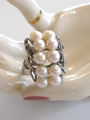 Rare Vintage  Mikimoto 925 Stelring Sivler & Pearl Fan Ring Size 8 1/4 Or 8.25 • $399