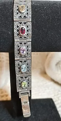 7  925 FAS Silver Marcasite Link Bracelet Filigree Multi Gemstones • $74.99