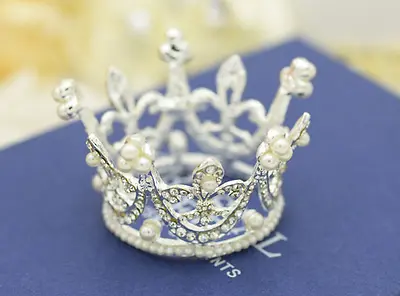 Mini Cake Topper Tiara Decoration Silver Rhinestone & Pearls Round Full Crown  • $15.99