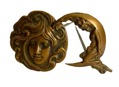 Antique Art Deco Metal Lady Face On Moon Hat Pin Pair • $12