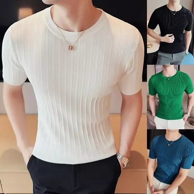 Men Summer Knitted Round Neck Short Sleeve T-Shirts Stretchy Slim Fit Sport Tops • $34.09
