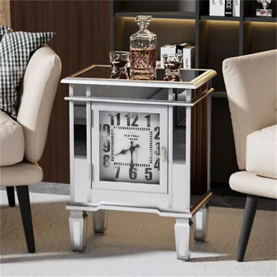 FATIVO Silver Mirrored End Table With Clock Glass Accent Side Table Cabinet Home • £115.90