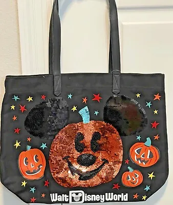 Disney Parks Halloween Mickey Mouse Pumpkin Sequin Tote - 17”x14” • $21.44