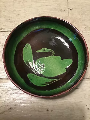 Vintage Mexican Michoacan Patamban Redware Green Swan Glazed Bowl Folk Art • $19