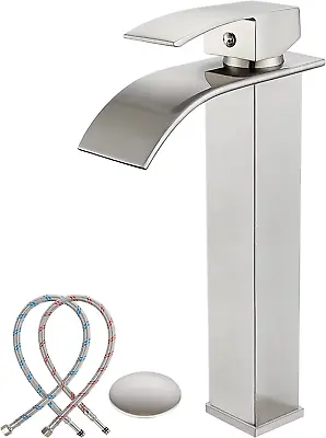 Tall Vessel Sink Faucet Brushed Nickel Waterfall Single Hole Bowl Bathroom Fauce • $73.13
