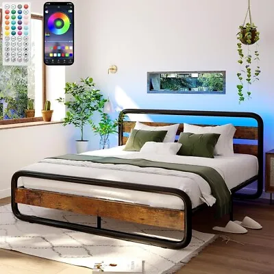 LED Heavy-Duty Metal Platform Bed Frame With Wooden Headboard And Footboard • $187.14