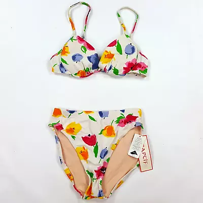 VTG 80s Floral Plunge High Waist Women's Size 12 Bikini 2 Piece Swim Wear Top • $29.99